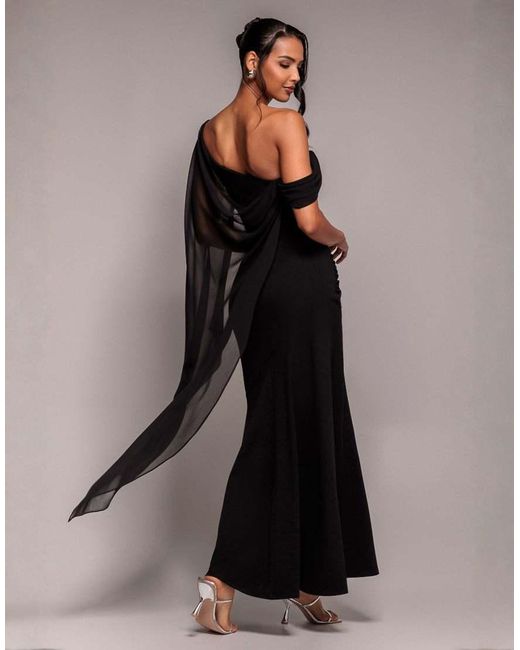 Goddiva Brown One Shoulder Cape Sculpting Stretch Jersey & Chiffon Maxi Dress