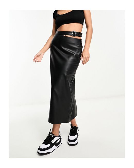 Pull&Bear Black Faux Leather Midi Skirt With Cut Out Belt Detail