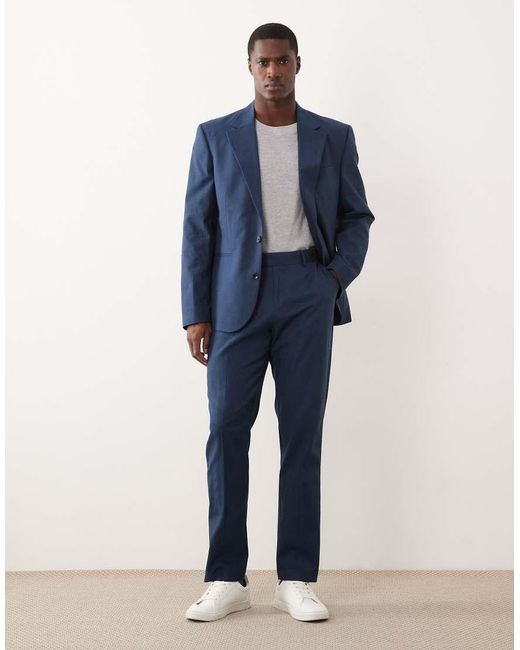 ASOS Blue 100% Cotton Linen Look Slim Suit Jacket for men