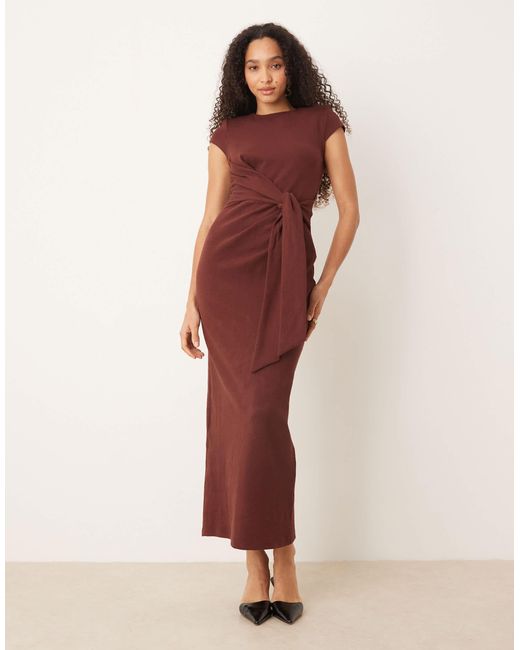 ASOS Cap Sleeve Tie Side Midi Dress in Brown | Lyst