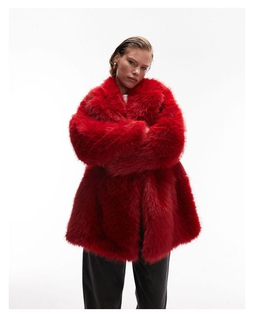 TOPSHOP Red Faux Fur Panelled Coat