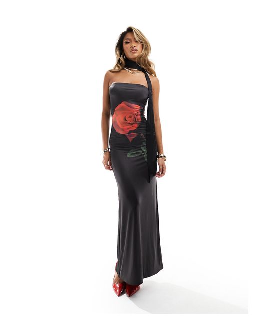 Robe bustier longue près du corps double épaisseur avec imprimé rose - noir Fashionkilla en coloris Multicolor