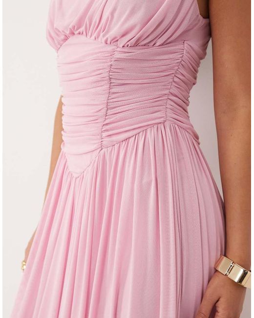 ASOS Pink Mesh Slash Neck Asymmetric Bubble Hem Maxi Dress