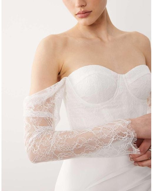 Six Stories White Bridal Fallen Shoulder Lace Sleeve Mini Dress