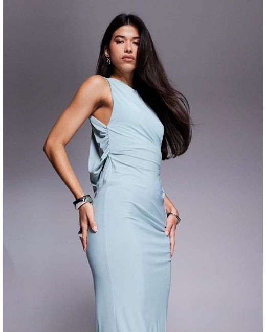 ASOS Blue High Neck Maxi Dress With Asymmetric Cowl Back And Cut Out Detail