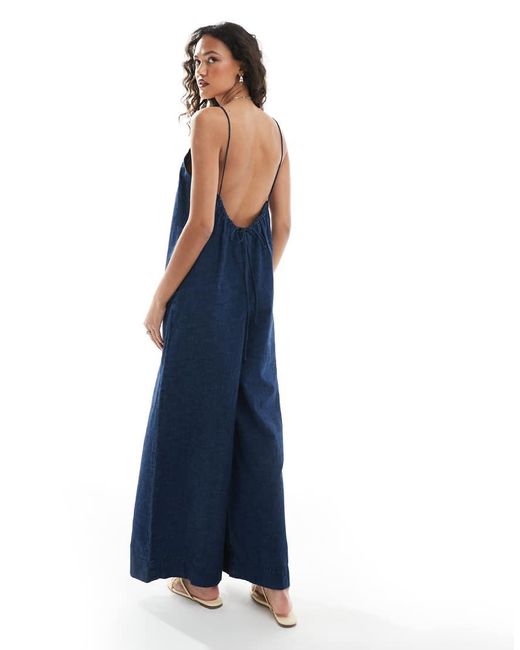 ASOS Zachte Denim Palazzo Jumpsuit Met Halternek in het Blue