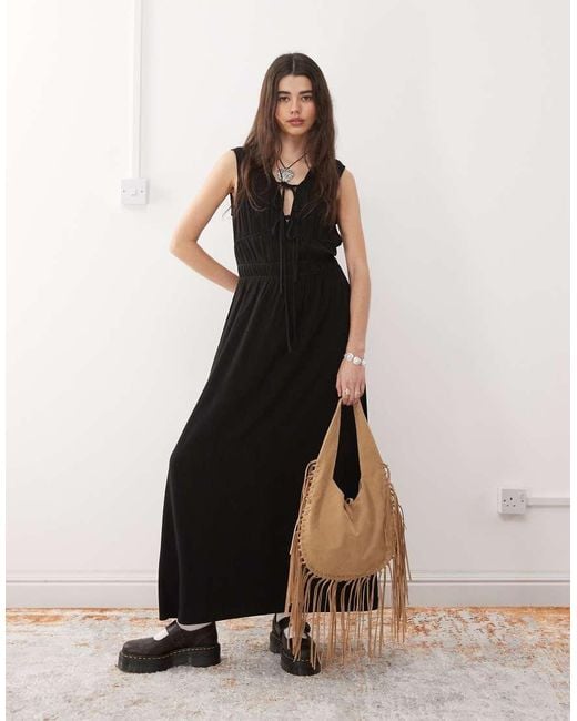 Reclaimed (vintage) Black Linen Blend Maxi Sundress With Ruching And Ties
