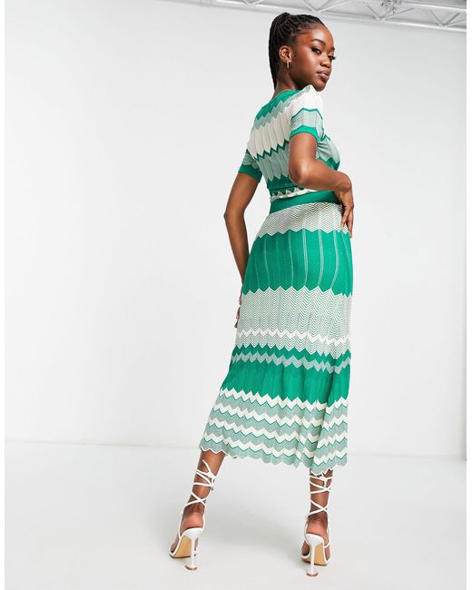 Morgan Green Knitted Contrast Panel Cap Sleeve Midi Dress