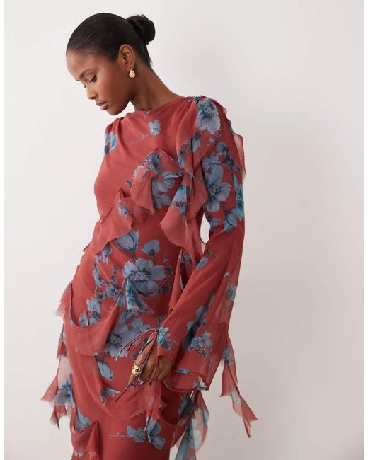 ASOS Red Draped Raw Edge Ruffle Trim Long Sleeve Maxi Dress