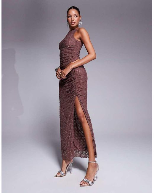 Falda Larga Marrón Fruncida De Encaje Con Diseño Termosellado De Strass De (Parte De Un Conjunto) ASOS de color Purple