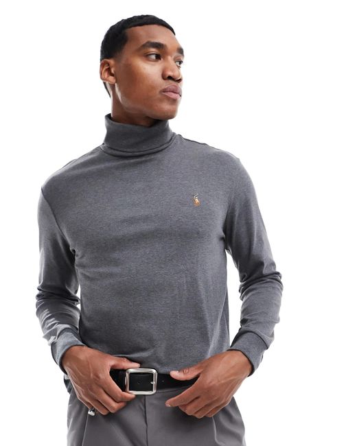 T shirt en coton pima a col roule et manches longues avec logo emblematique anthracite chine Polo Ralph Lauren pour homme en coloris Gris Lyst