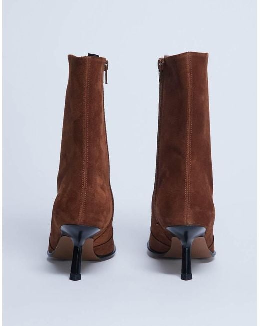 TOPSHOP Brown Sienna Premium Suede Leather Square Toe Mid Heel Boots