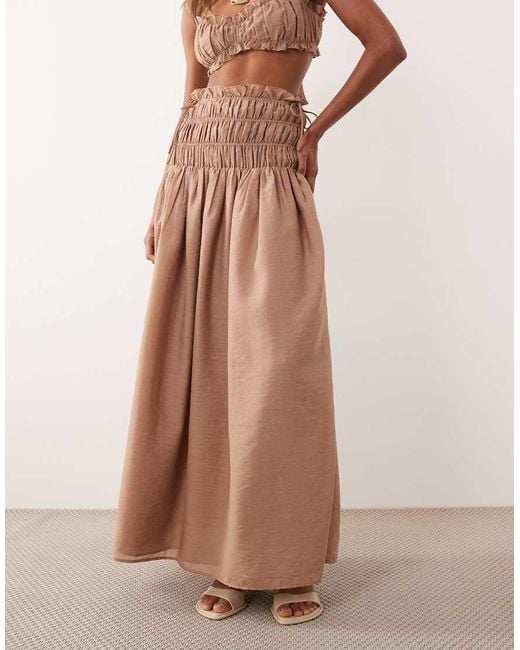 Wanderdoll Brown Soulie Linen Look Shirred Dropped Waist Tie Detail Maxi Skirt
