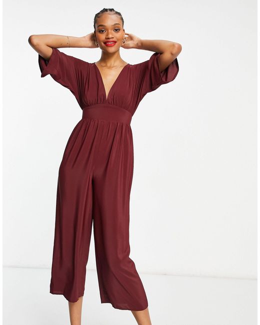 ASOS Kimono Sleeve Culotte Jumpsuit in Red | Lyst