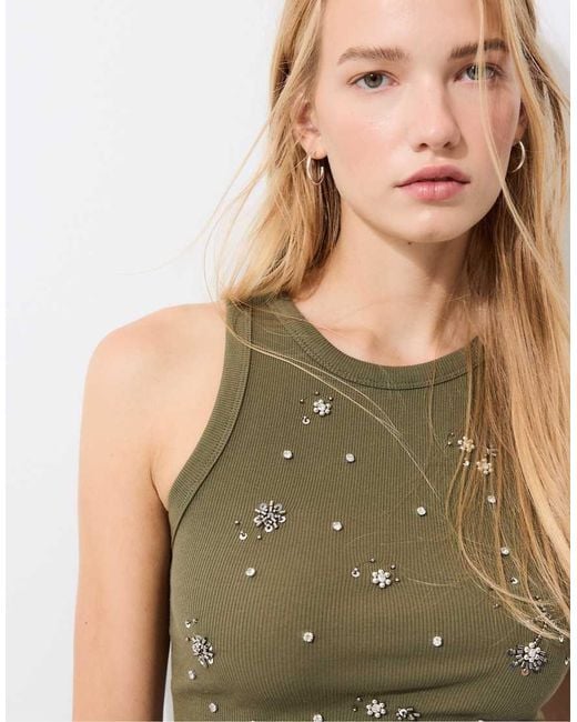 Stradivarius Green Jewelled Racerback Top