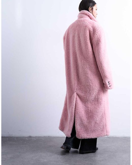 TOPSHOP Pink Double Breasted Borg Longline Coat