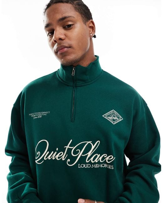 Bershka 1/4 Zip Printed Sweatshirt in Green for Men | Lyst