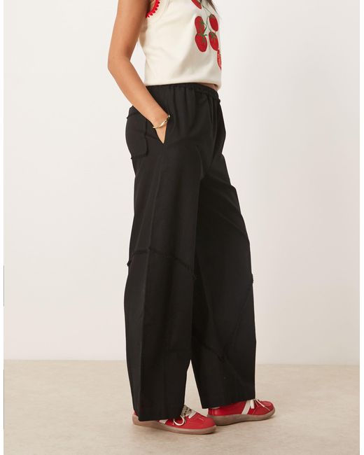 ASOS Black Linen Blend Pull On Barrel Leg Trousers With Raw Seam Detail