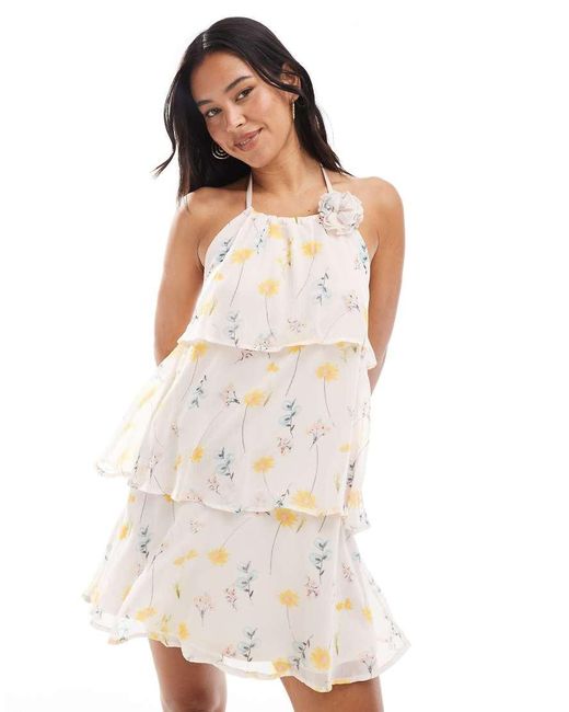 Pieces White Ruffle Tiered Mini Dress With Corsage Detail