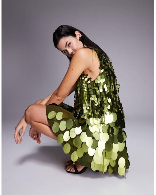 ASOS Dropped Slouchy Waist Embellished Mini Dress in Green | Lyst