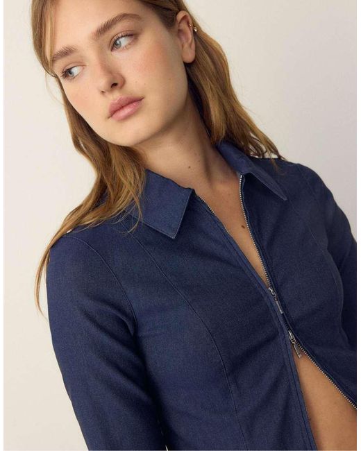 Stradivarius Blue Fitted Double Zip Bengaline Denim Shirt