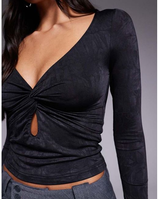 Tiger Mist Black Saffira Long Sleeve Plunge Neck Cut-out Detail Textured Top