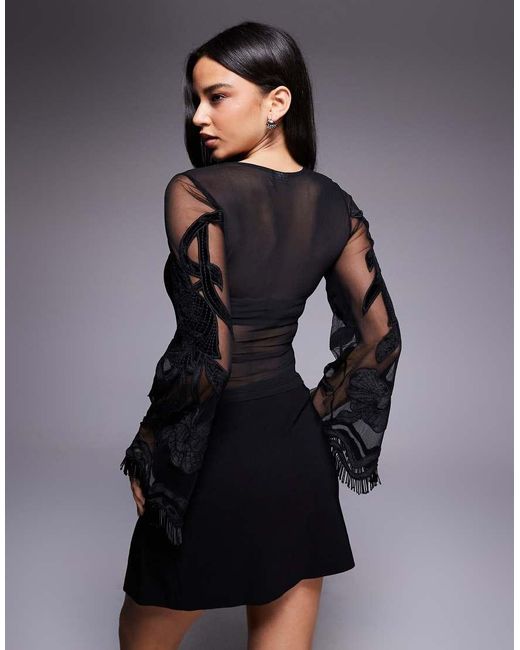 ASOS Black Velvet Embroidered Flare Sleeve Mesh Top With Fringing