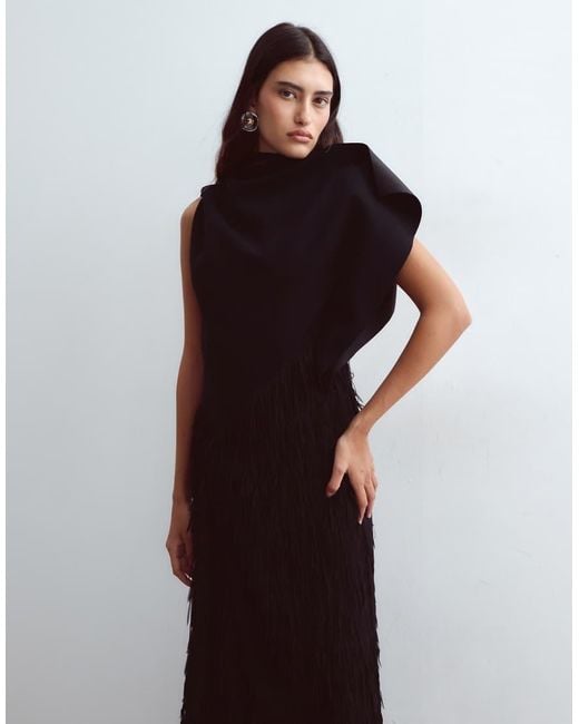 ARRANGE Black Asymmetric Neckline Hybrid Fringe Skirt Maxi Dress