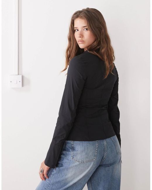 Weekday Blue Zip Through Shirt With Flare Sleeve Detail
