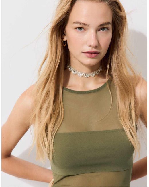 Stradivarius Green Sleeveless Mesh Bodysuit
