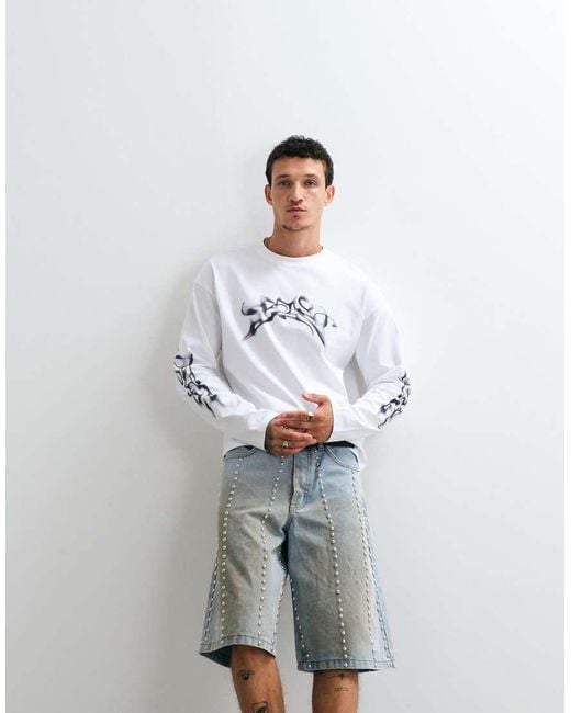 Liquor N Poker Blue Denim Jorts With Total Stud Detail for men