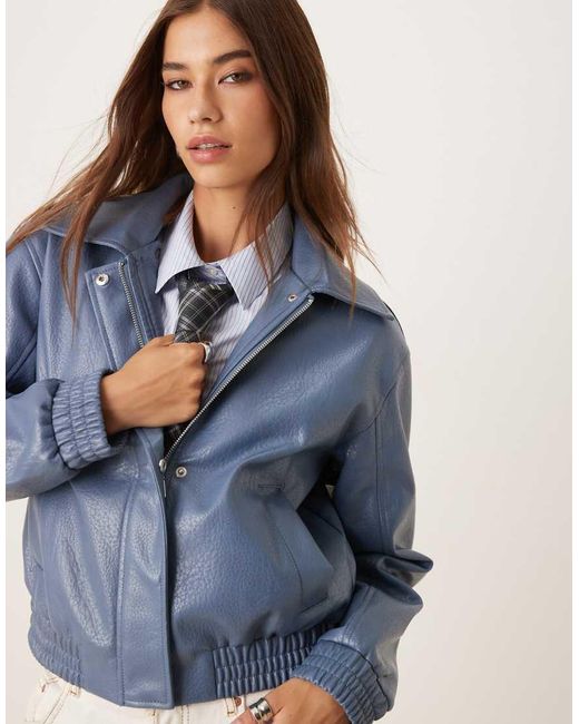 Threadbare Blue Faux Leather Bomber Jacket