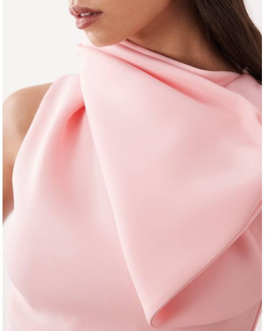 ASOS Pink High Neck Fallen Bow Detail Midi Dress