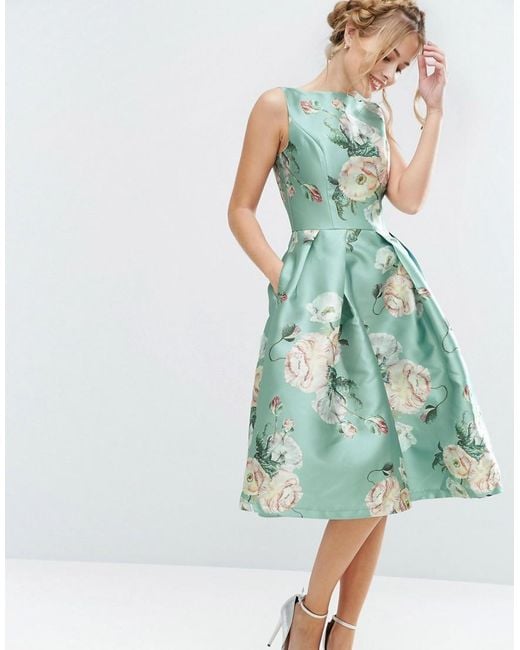 Chi Chi London Green Satin Midi Dress In Floral Print