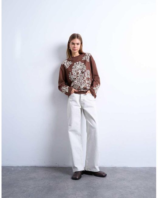 TOPSHOP Brown Graphic Paisley Long Sleeve Skater Tee