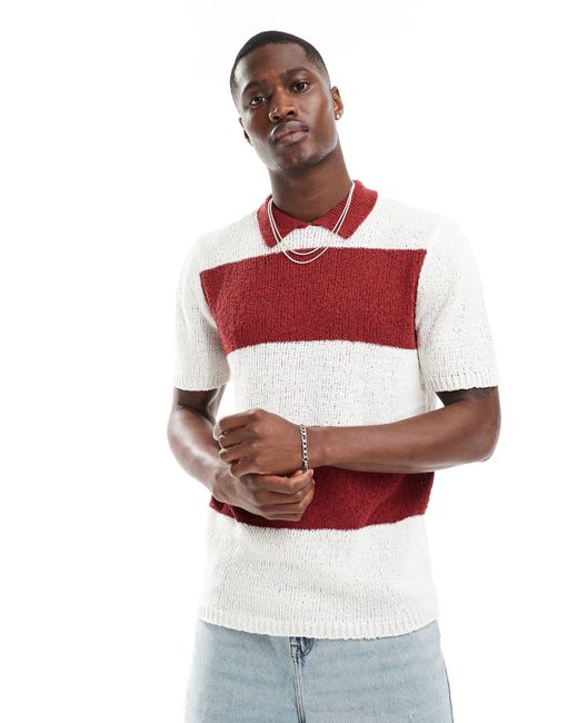 ASOS Red Relaxed Knitted Stripe Polo for men