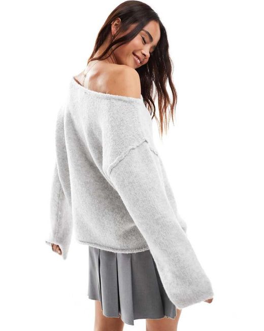 Jersey Gris Jaspeado Suelto Con Escote Bardot Asimétrico De Punto De Miss Selfridge de color White
