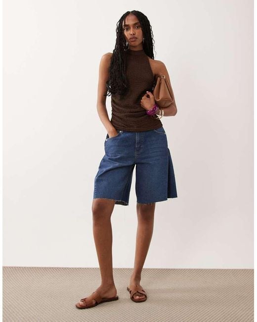 ASOS Blue Textured Halter Neck Top Co-Ord With Ruched Sides