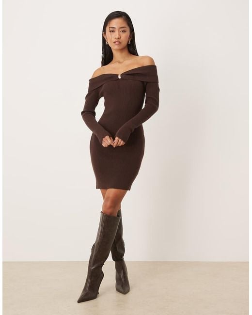 Abercrombie & Fitch Brown Knitted Off Shoulder Mini Dress With Hardware Detail