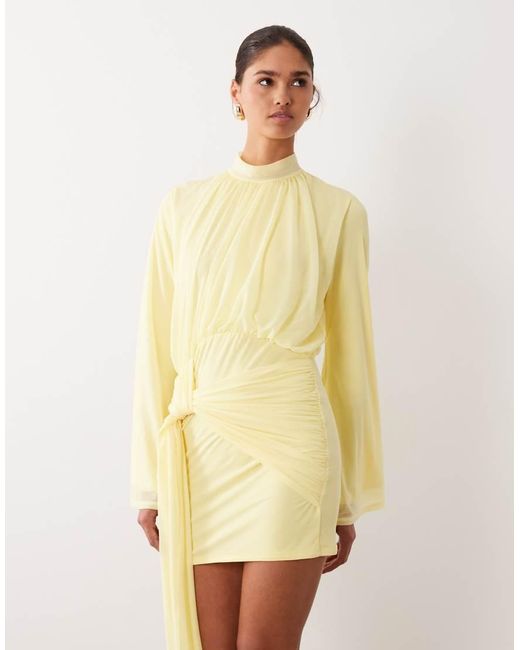 ASOS Yellow Stretch Chiffon High Neck Blouson Mini Dress
