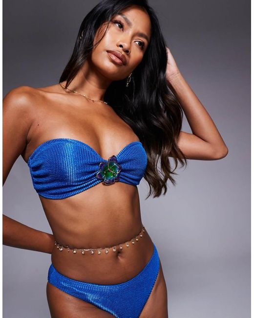South Beach Blue Crinkle Bandeau Bikini Top With Flower Detail