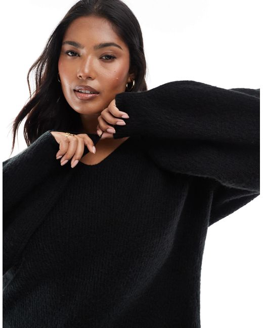 Threadbare Black Plus Fluffy V-neck Slouchy Sweater