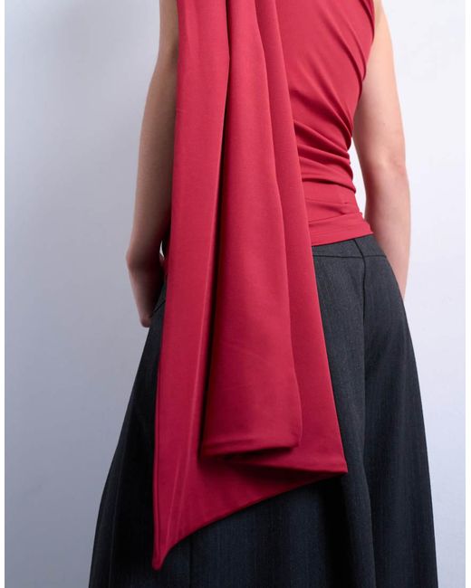 TOPSHOP Red One Shoulder Cape Detail Top