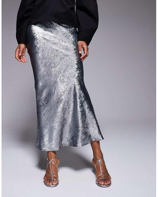 New Look Blue Foil Metallic Satin Midi Skirt