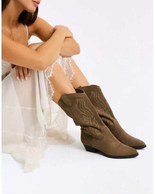 Bershka White Leather Cowboy Boots
