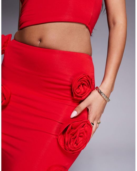 Wanderdoll Red Posie Sculpting Second Skin Corsage Detail Maxi Skirt Co-ord