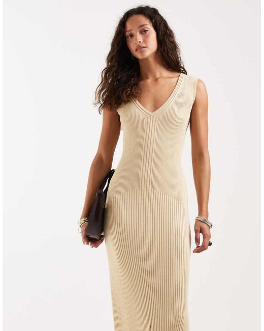 4th & Reckless Natural Ribbed Knit V Neck Maxi Dress