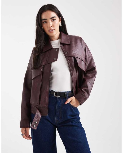 4th & Reckless Blue Grained Faux Leather Pocket Detail Bomber Jacket