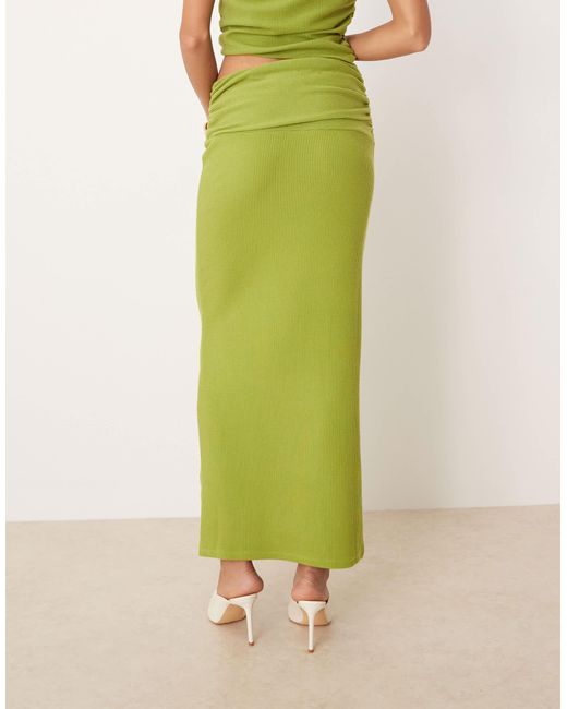 ASOS Green Ruched Waist Textured Rib Column Maxi Skirt