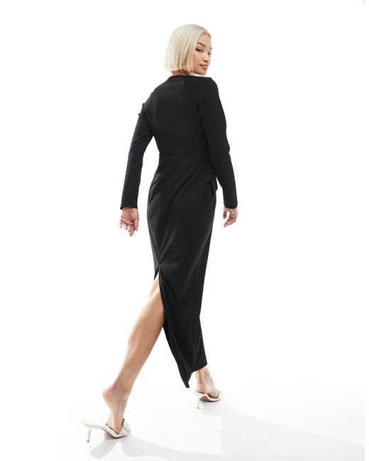 ASOS Black Long Sleeve Seam Detail V-neck Midi Dress